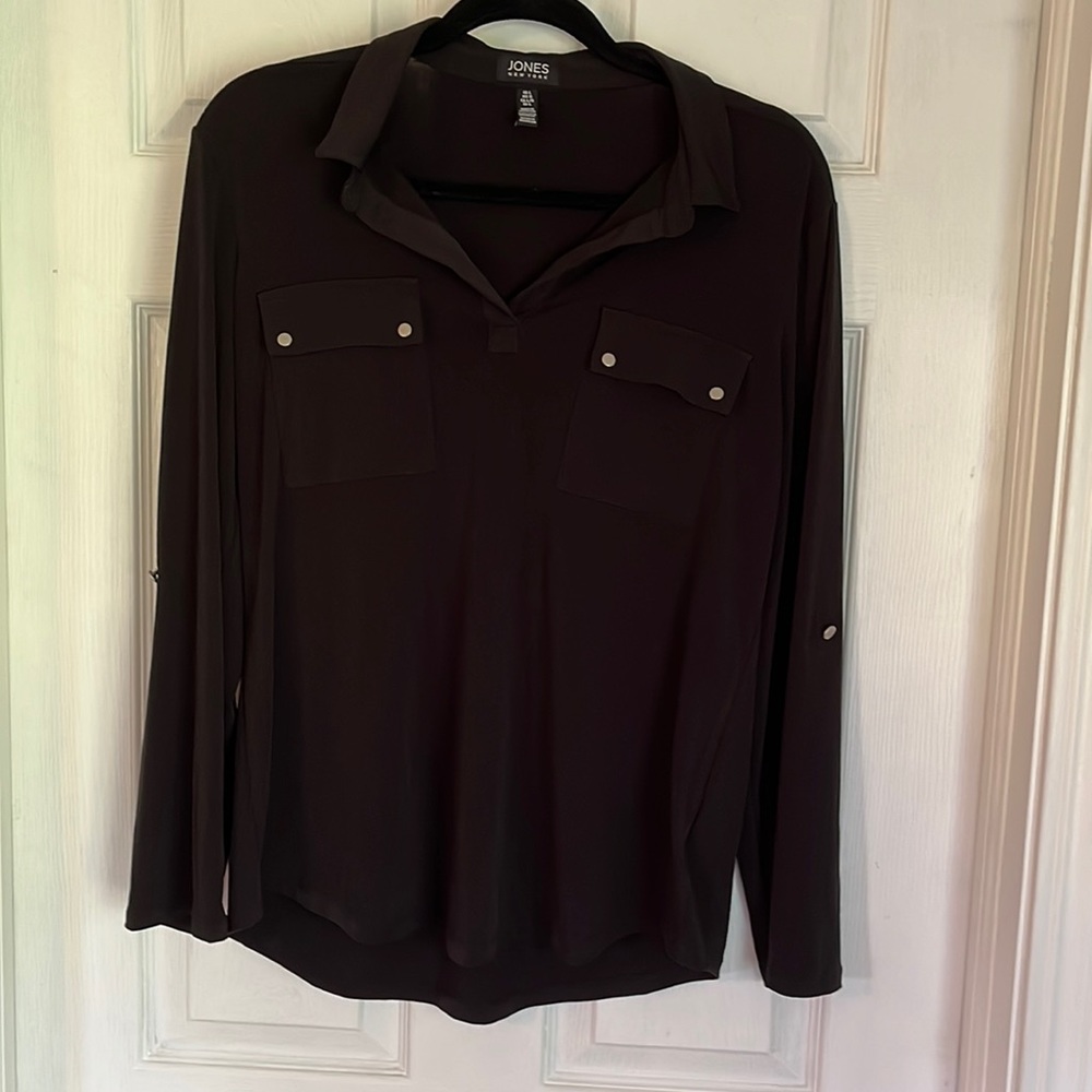 Black stretch collared long sleeve shirt with pockets on breast. Good condition